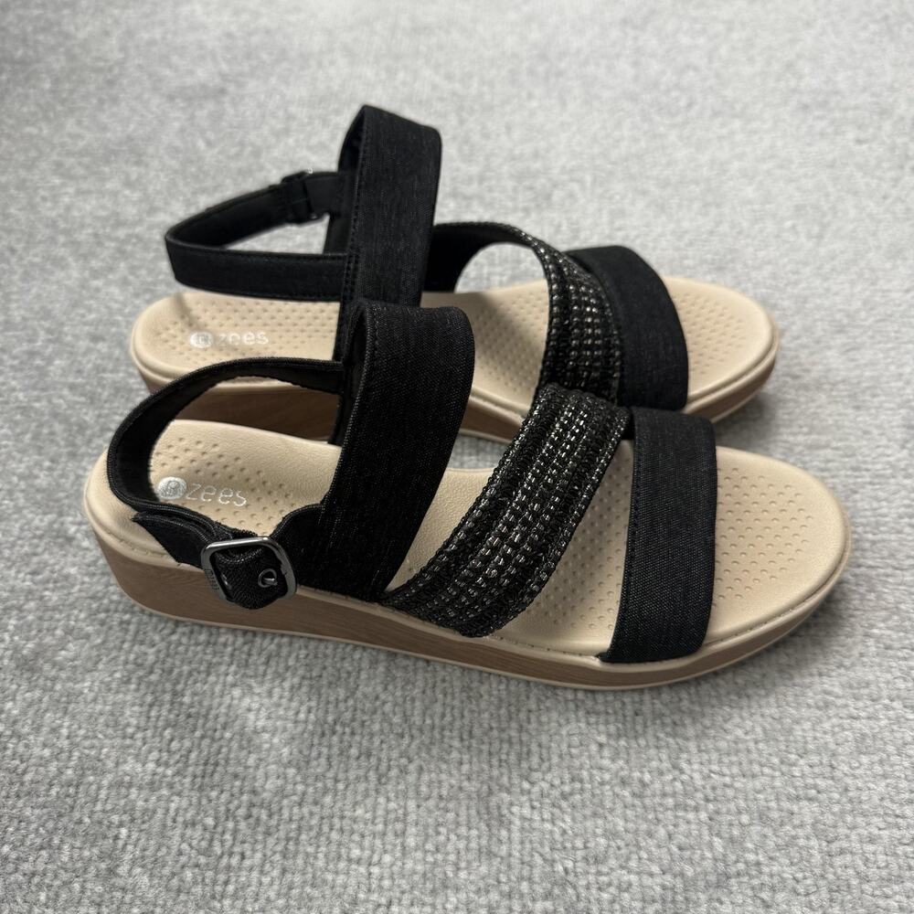 Bzees Sandals Womens Size 9W Black Bravo Strappy Wedge Platform Comfort Elastic - Picture 3 of 12